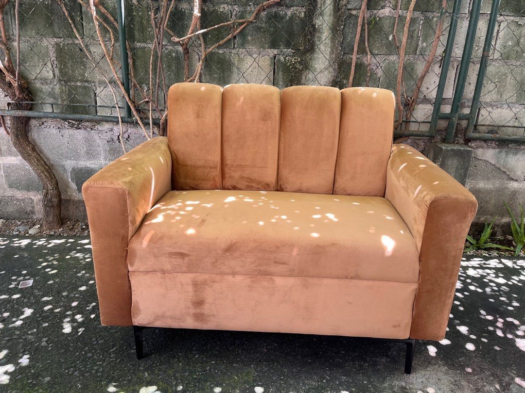 Light Brown Two Seater Scallop Sofa (Category: Sofas) located in Las Pinas. Submitted by abby_e_g (Listing ID 1313272388, Image 3). Description: Available 2 Seater Scallop Sofa L44 x W26 x H32 inches Velvet Light Brown Steel Legs Classic Uratex Foam Lalamove/Pick up by the buyer Gcash/ BT payment .