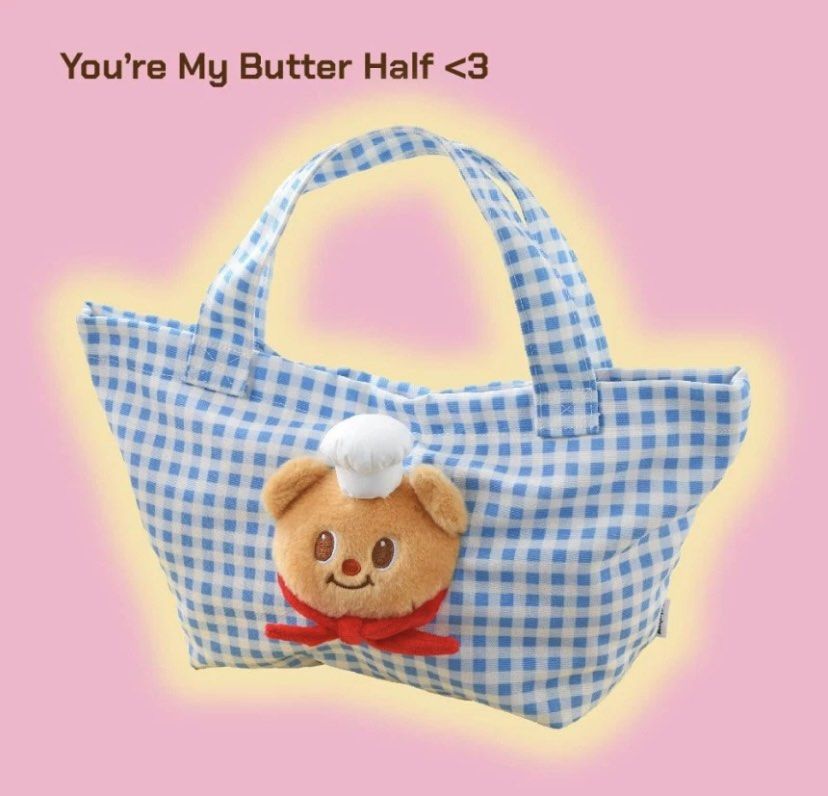 [PREORDER][BUTTERBEAR THAILAND] Butterbear apron plush toy | blue plaid bag  | pearl chain cross body bag | cup holder | birthday bear