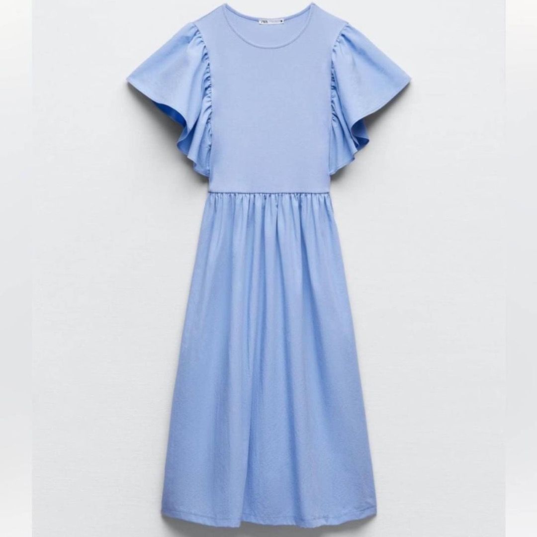 Zara Ruffle Sleeves Baby Blue Midi Dress NWOT, Women's Fashion, Dresses &  Sets, Dresses on Carousell