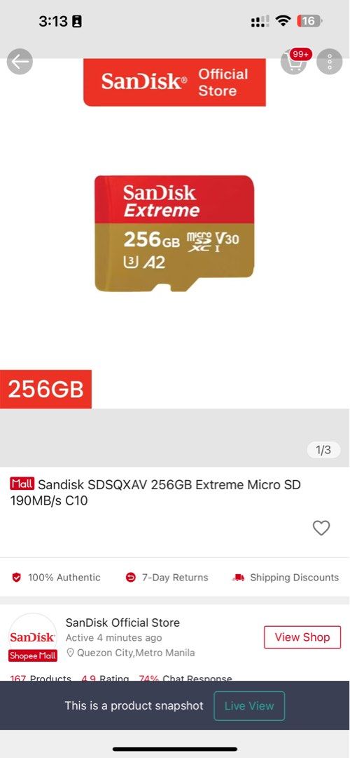 256 gb EXTREME micro sd card A2 (Category: Memory & SD Cards) located in Quezon City. Submitted by chuchirarup (Listing ID 1325864945, Image 3). Description: Bought on sale for 1,275 in Official SanDisk store July 16,2024 - opened 2 months new Only used in Nintendo Switch Can nego if kukunin agad/ near my place/ lalamove Fixed price if meetups : sm north, trinoma, sm cherry congressional RFS: Upgrading (Can trade for 1tb, ill add).