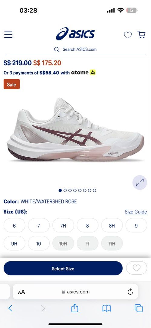 Asics Sky Elite FF 3 (Category: Sneakers) located in Singapore. Submitted by kappybear (Listing ID 1325968429, Image 1). Description: used twice indoors, never stepped outdoors with it. super new condition. size 39.5, runs a little small. would fit 39 perfectly. color as per picture. feel free to request for real pics. reason for selling: want to buy other court shoes hehe clearing off for cheap, retail price $219 on asics website, $175 after dis