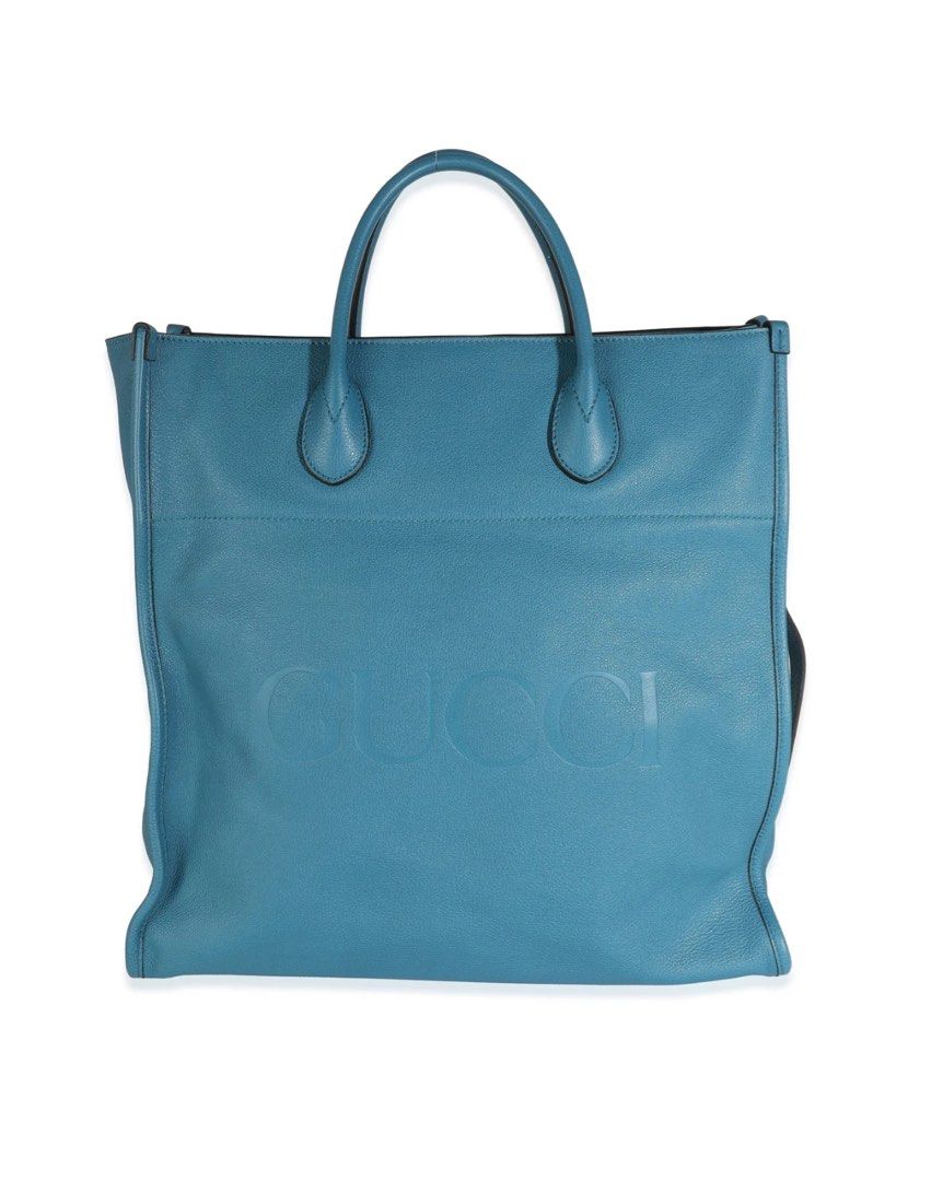 AUTHENTIC Gucci Blue Leather Logo Embossed Shopper Tote Bag with strap Luxury Bags Wallets on Carousell