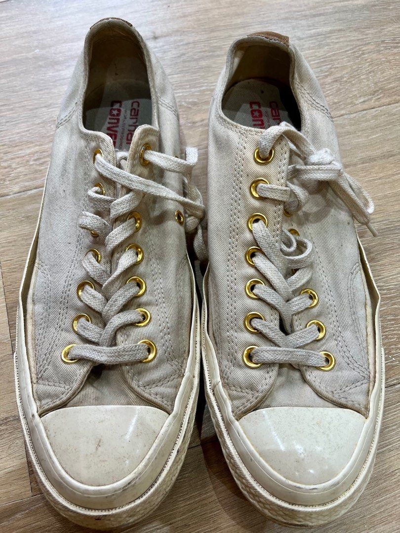 CARHARTT CONVERSE Cream color (Category: Casual Shoes) located in Quezon City. Submitted by samjonas (Listing ID 1325858852, Image 1). Description: Carhartt Converse Chuck Taylor Cream color not dirty. Needs gluing , pls check fotos . Rare find. Dusty from storing but not dirty cos it wasn’t used often. See soles..