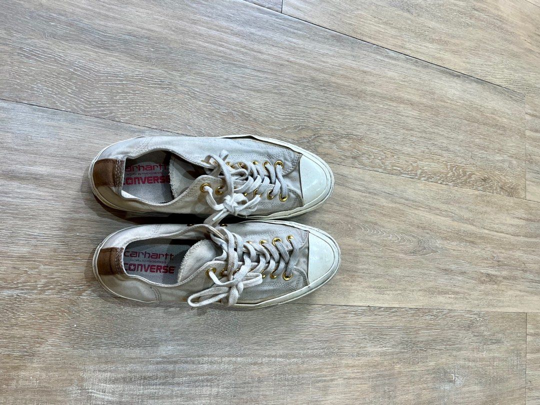 CARHARTT CONVERSE Cream color (Category: Casual Shoes) located in Quezon City. Submitted by samjonas (Listing ID 1325858852, Image 2). Description: Carhartt Converse Chuck Taylor Cream color not dirty. Needs gluing , pls check fotos . Rare find. Dusty from storing but not dirty cos it wasn’t used often. See soles..