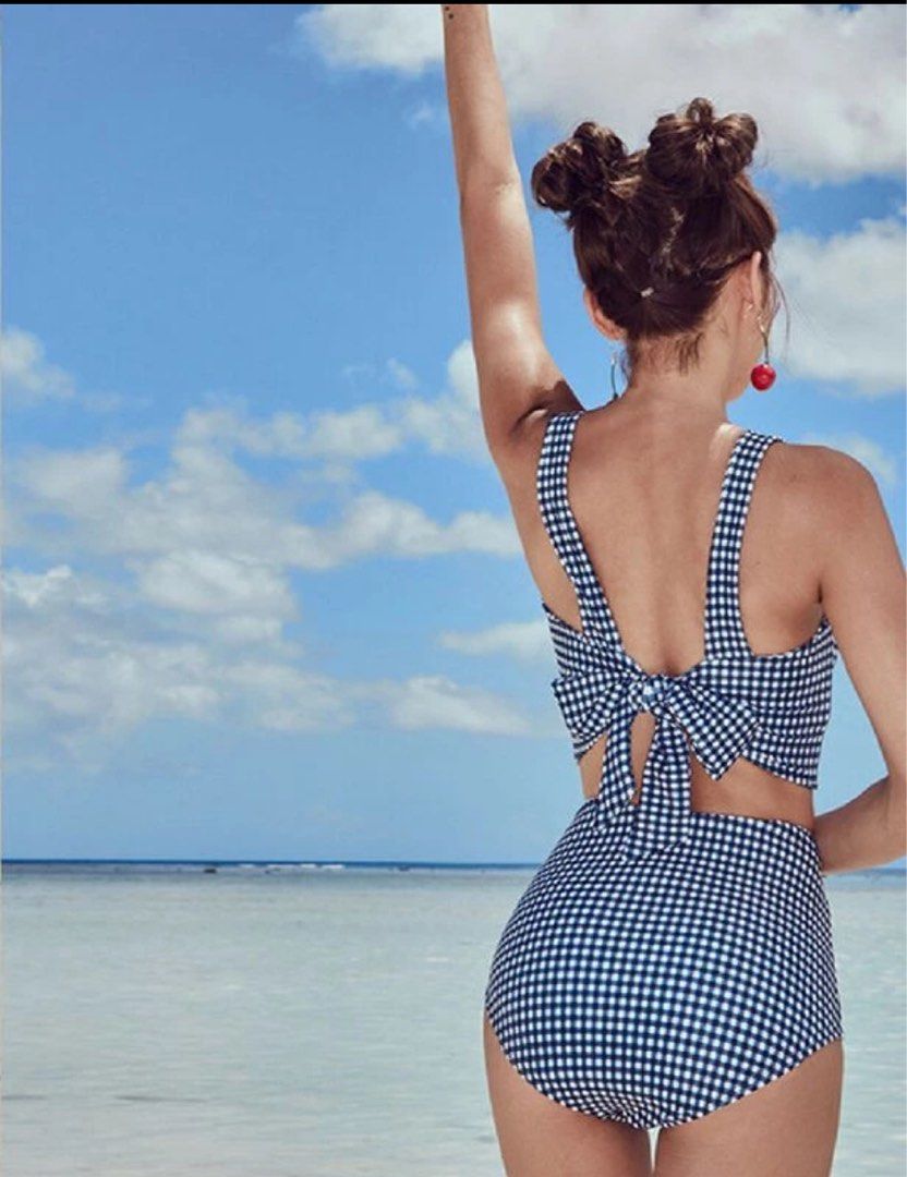 Checkered Blue High Waisted Bikini Women s Fashion Swimwear Bikinis Swimsuits on Carousell