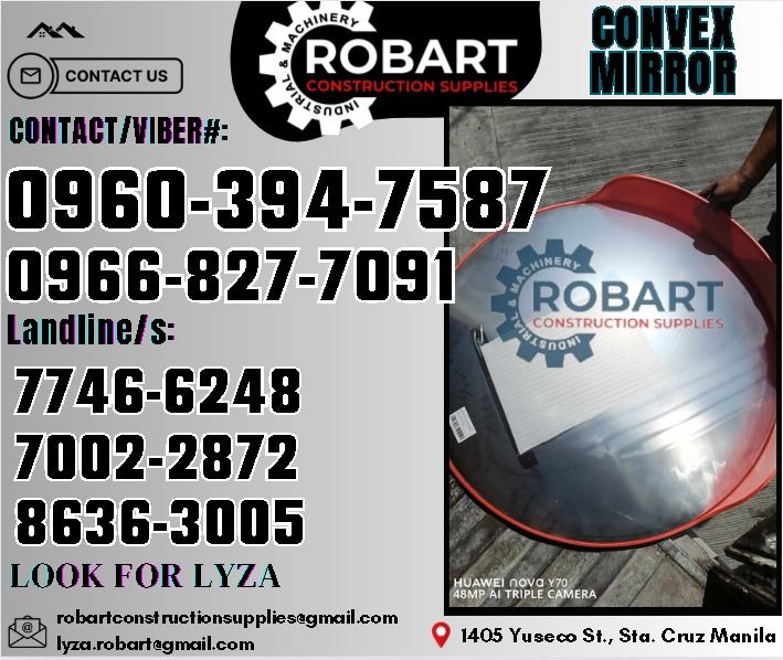 Convex Mirror for Indoor/Outdoor (Category: Construction Tools & Equipment) located in Manila. Submitted by lyzarobart1999 (Listing ID 1325891265, Image 1). Description: Convex Mirror for Indoor/Outdoor Color: Orange Material: PE plastic frame, PC Lens Width: 100 cm Height: 100 cm Code: JS-15 𝑹𝑶𝑩𝑨𝑹𝑻 𝑪𝑶𝑵𝑺𝑻𝑹𝑼𝑪𝑻𝑰𝑶𝑵 𝑺𝑼𝑷𝑷𝑳𝑰𝑬𝑺 𝒪𝒻𝒻𝒾𝒸𝑒 𝒜𝒹𝒹𝓇𝑒𝓈𝓈: 𝟣𝟦𝟢𝟧 𝒴𝓊𝓈𝑒𝒸𝑜 𝒮𝓉. 𝒮𝓉𝒶 𝒞𝓇𝓊𝓏 𝑀𝒶𝓃𝒾𝓁𝒶 ꜱᴇɴᴅ ᴜꜱ ᴍᴇꜱꜱᴀɢᴇ