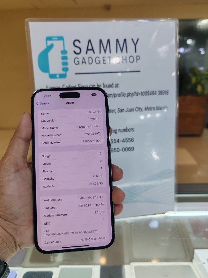 Iphone 14promax 256 preloved (Category: iPhone 14 Series) located in Quezon City. Submitted by ronalynac40976 (Listing ID 1325866053, Image 2). Description: iphone 14promax 256 factory unlocked 100% batteri health good condition with box, same imei, cord pick up store in greenhills shopping center we ship nationwide via lbc +SF We accept ggives & spaylater+% We accept swap/trade in dm or call for fast transaction 09279500069/09425544556 Located @