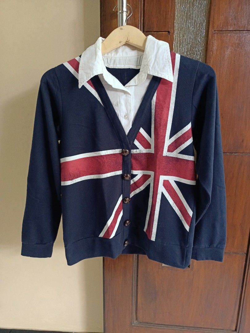 Kemeja Navy Motif Bendera Inggris, Fesyen Wanita, Pakaian Wanita
