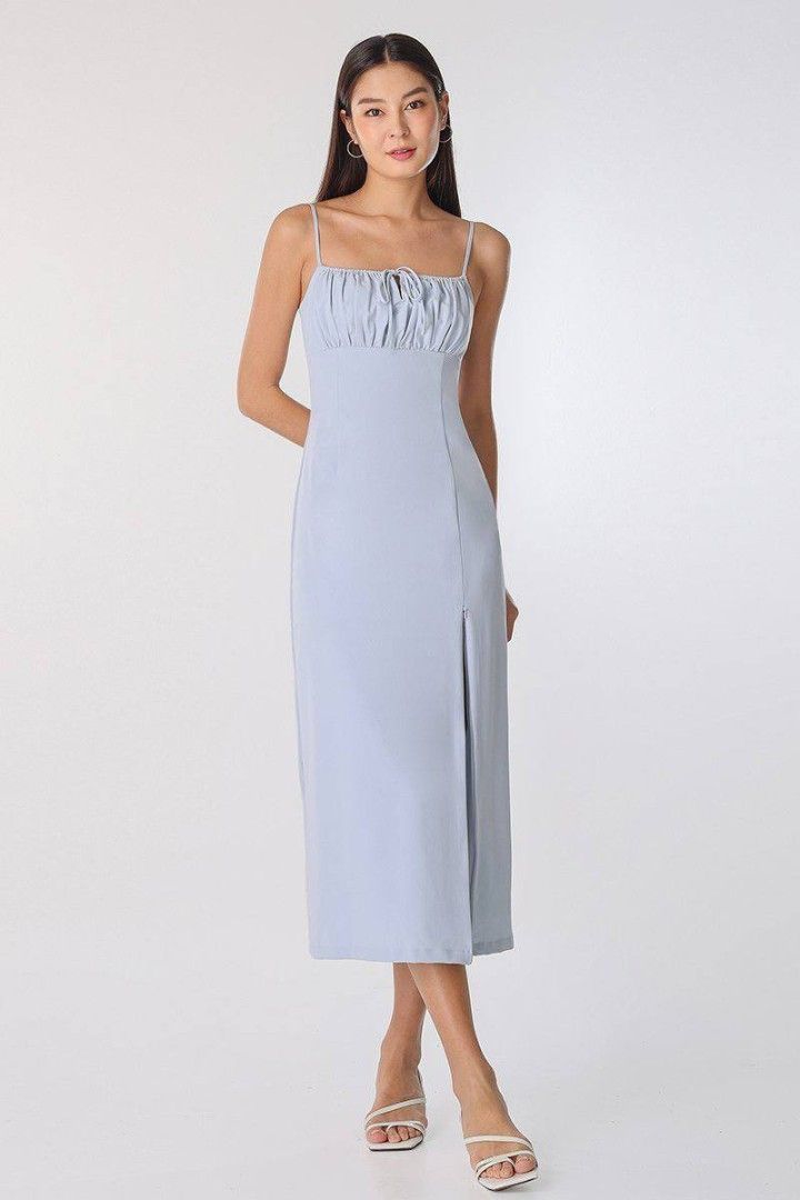 sweetheart-neck ruched midaxi dress in light blue Lovet Mia Ruched Midaxi Dress (Dolphin Blue), Women's Fashion, Dresses &  Sets, Dresses on Carousell