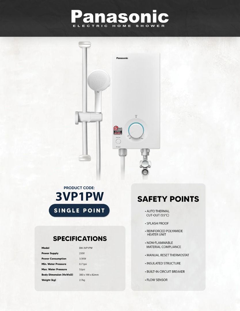 Panasonic Water Heater DH-3VP1PW Single Point Jet Pump, TV & Home ...