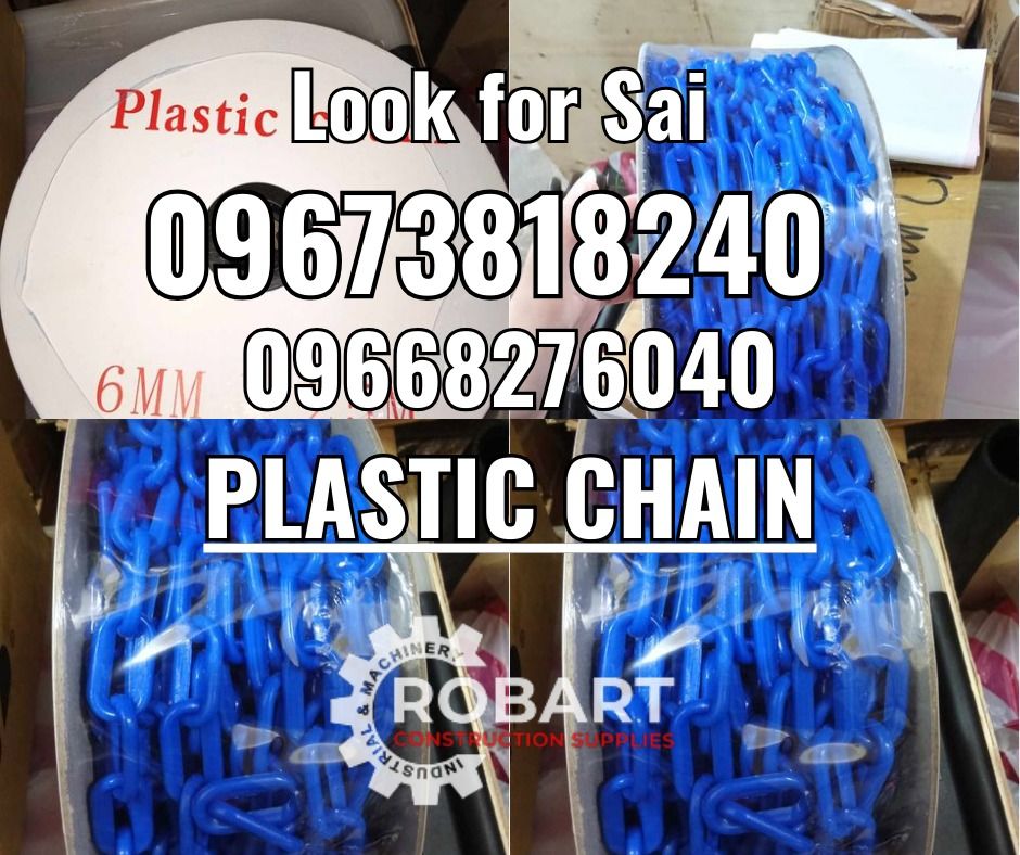 Plastic Chain (Category: Construction Tools & Equipment) located in Manila. Submitted by sairobart375609 (Listing ID 1325864576, Image 1). Description: Plastic Chain Size: 6mm x 25mtrs Color: Blue ROBART CONSTRUCTION SUPPLIES For inquiries: For FAST TRANSACTION: Sai Robart - 09673818240 / 09662708706 Vbr: Robart Sai - 09673818240 sairobart3@gmail. com Office Address: 1405 Yuseco St. Sta. Cruz Manila 7746-6248, 7216-7605 ,7002-2872, 8-6363005 0935