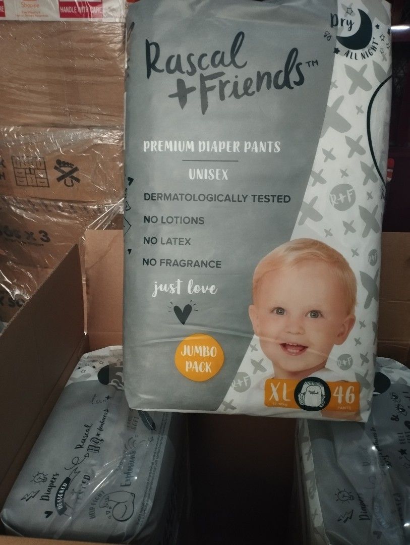 RASCAL+FRIENDS XL PANTS PREMIUM 46pcs. (Category: Diapers & Baby Wipes) located in Manila. Submitted by sweetieteapascua (Listing ID 1325845799, Image 1). Description: RASCAL+FRIEND XL PANTS 46PCS-780 MANUFACTURED DATE 2023 EXPIRATION DATE 2027 PAYMENT -COD,GCASH, BANKTRANSFER.
