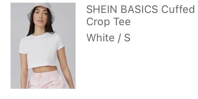 SHEIN basic white crop tee (Category: Shirts) located in Manila. Submitted by telle_preloved (Listing ID 1325906742, Image 2). Description: Used ONCE only No when worn photos (can’t fit too small for me) All available photos POSTED already .