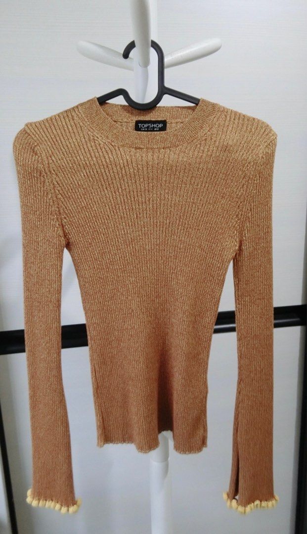 TOPSHOP gold knit top with flare sleeve