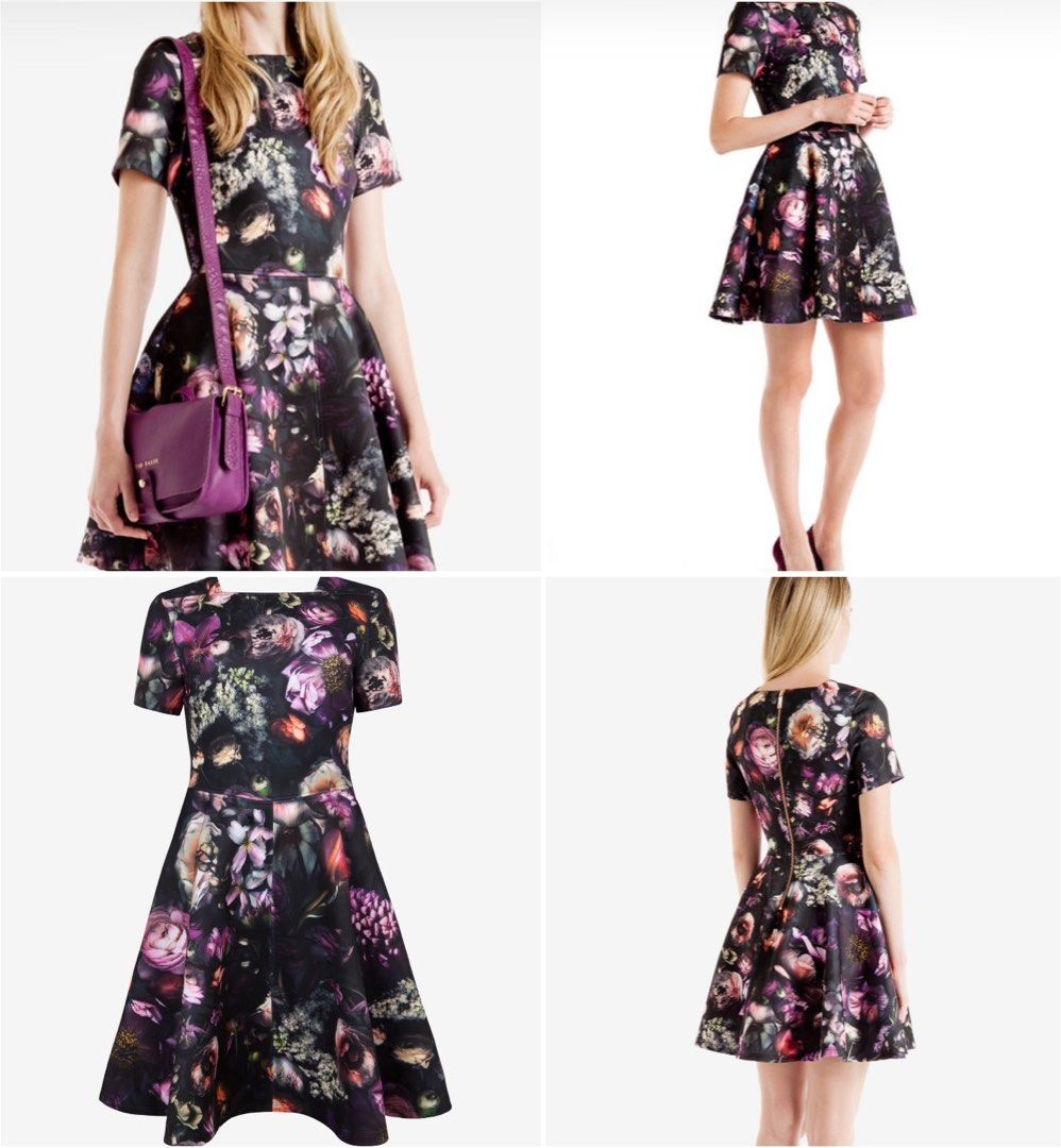 UK8 TB1 TED BAKER Tamary Shadow floral roses dress skater fit flare black purple short sleeve
