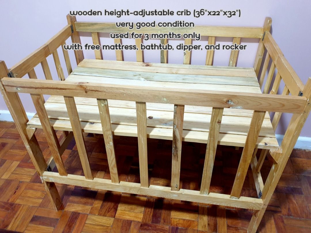 Wooden baby crib with free mattress bathtub dipper and rocker Babies Kids Baby Nursery Kids Furniture Cots Cribs on Carousell