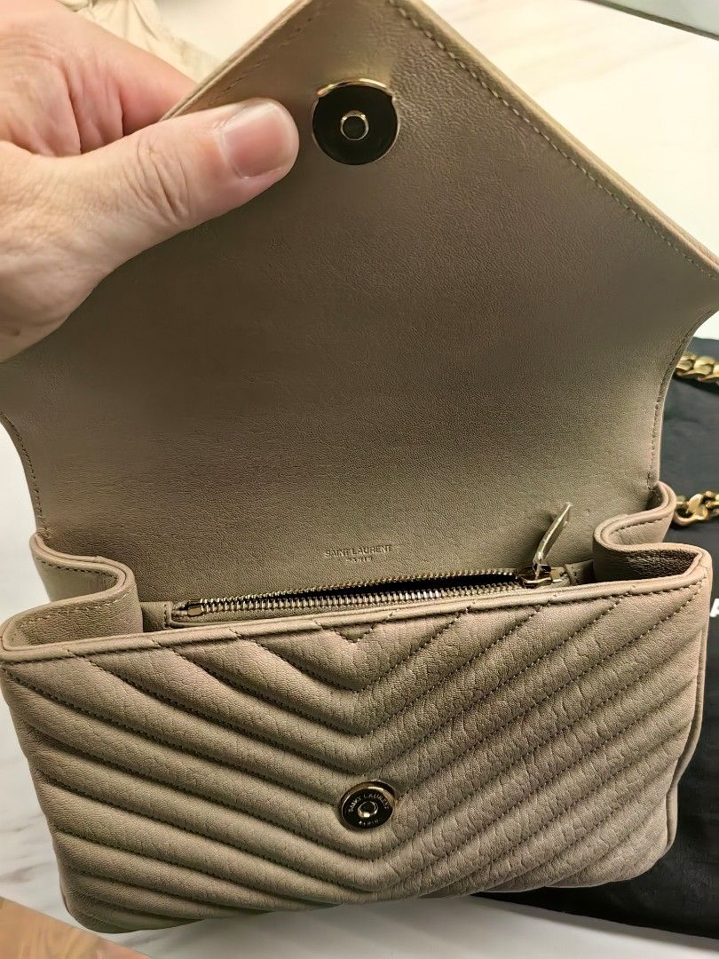 YSL bag for sale (Category: Luxury Bags & Wallets) located in Quezon City. Submitted by santabuko (Listing ID 1325914505, Image 3). Description: YSL College Medium quilted leather color beige purchased in Shangrila mall last Nov 2022 for P179,000 now selling at 140k used rarely. Complete with box, dust bag, official receipt. Located in Mandaluyong area..