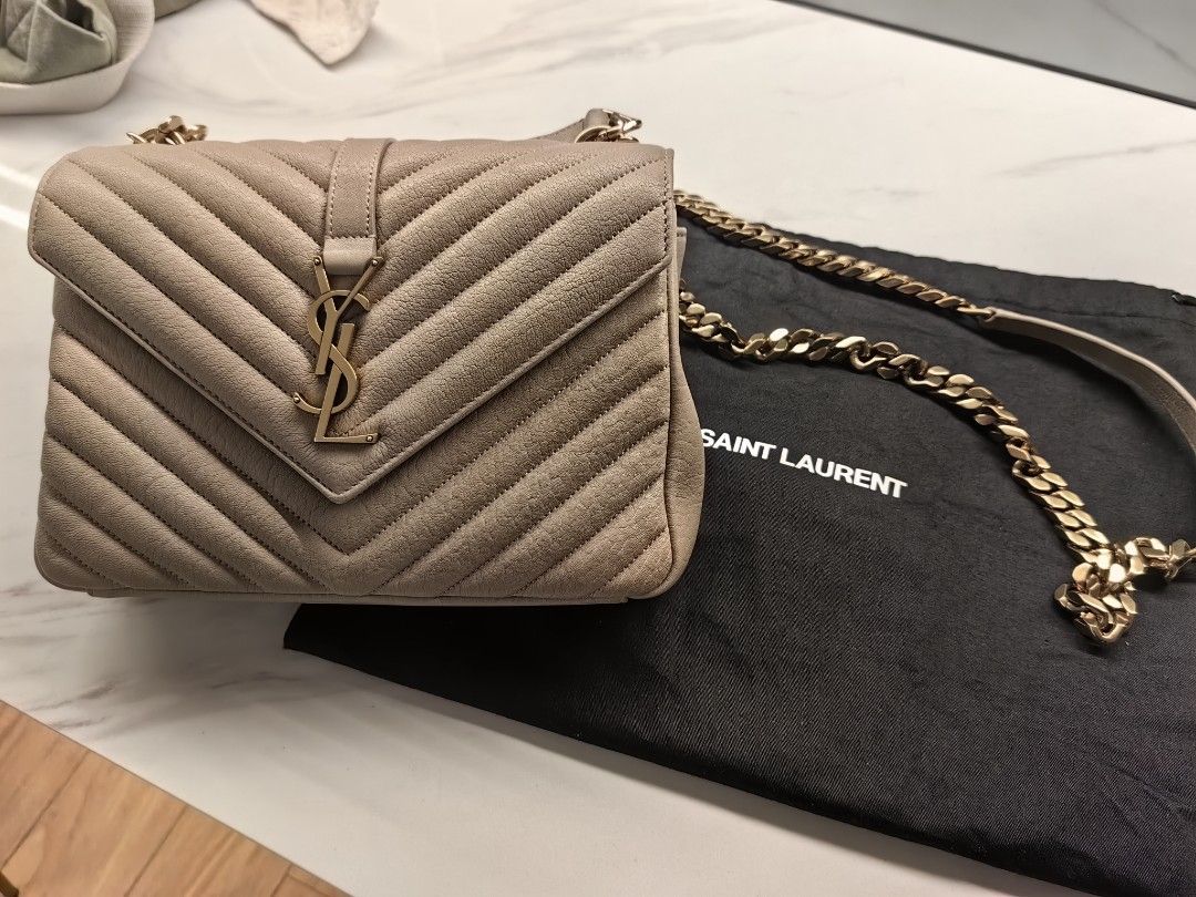 YSL bag for sale (Category: Luxury Bags & Wallets) located in Quezon City. Submitted by santabuko (Listing ID 1325914505, Image 1). Description: YSL College Medium quilted leather color beige purchased in Shangrila mall last Nov 2022 for P179,000 now selling at 140k used rarely. Complete with box, dust bag, official receipt. Located in Mandaluyong area..