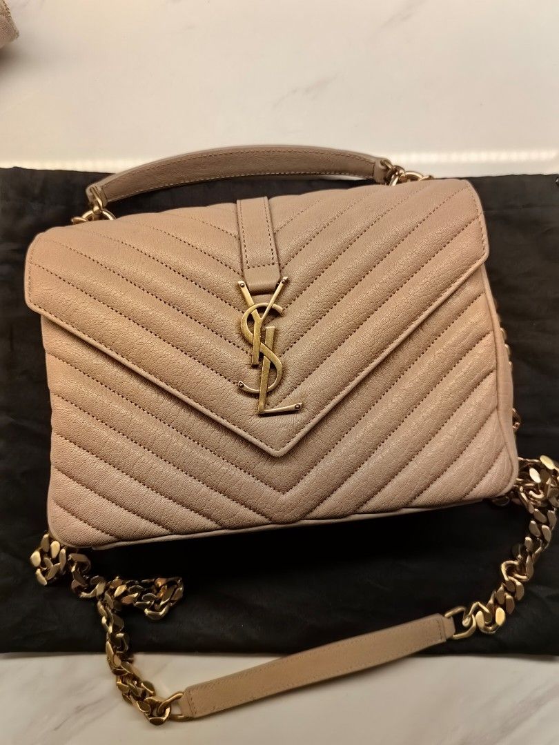 YSL bag for sale (Category: Luxury Bags & Wallets) located in Quezon City. Submitted by santabuko (Listing ID 1325914505, Image 2). Description: YSL College Medium quilted leather color beige purchased in Shangrila mall last Nov 2022 for P179,000 now selling at 140k used rarely. Complete with box, dust bag, official receipt. Located in Mandaluyong area..
