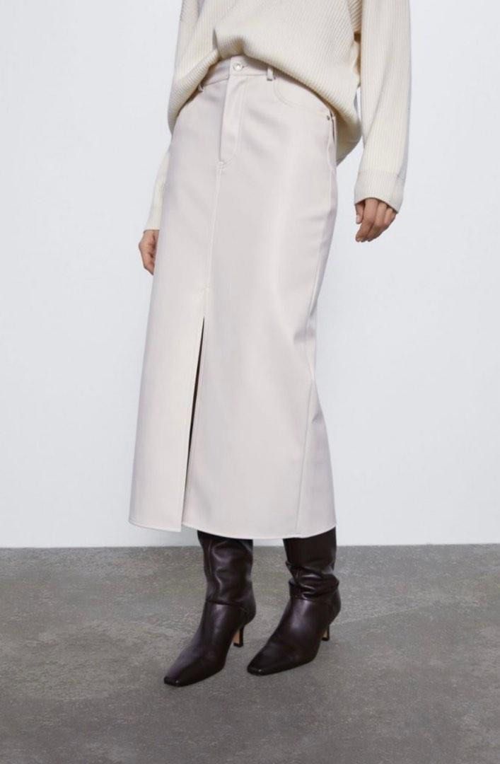 Zara Midi Skirt Faux Leather In Cream White Women s Fashion Bottoms Skirts on Carousell