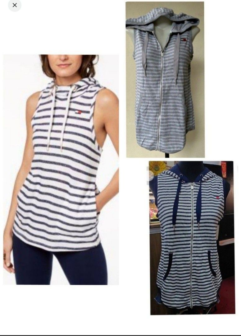 12 Tommy Hilfiger Sleeveless Jacket Hoodie in Grey and Blue Women s Fashion Coats Jackets and Outerwear on Carousell