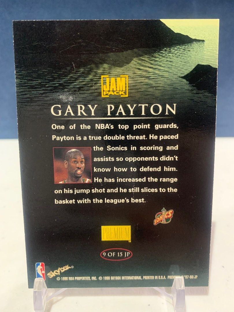 1997-98 Skybox Premium Jam Pack Gary Payton insert holo nba card (Category: Vintage Collectibles) located in Muntinlupa City. Submitted by potzpotzcardz (Listing ID 1326102911, Image 2). Description: - Card condition is NEAR MINT (PSA 7) to MINT (PSA 9) - Please check photos for actual card condition. - Item will be shipped w/ sleeve and toploader. Payment options: GCASH/ BDO/ BPI/ RCBC Shipping (to be shouldered by buyer): Lalamove/Grab LBC (+ 1