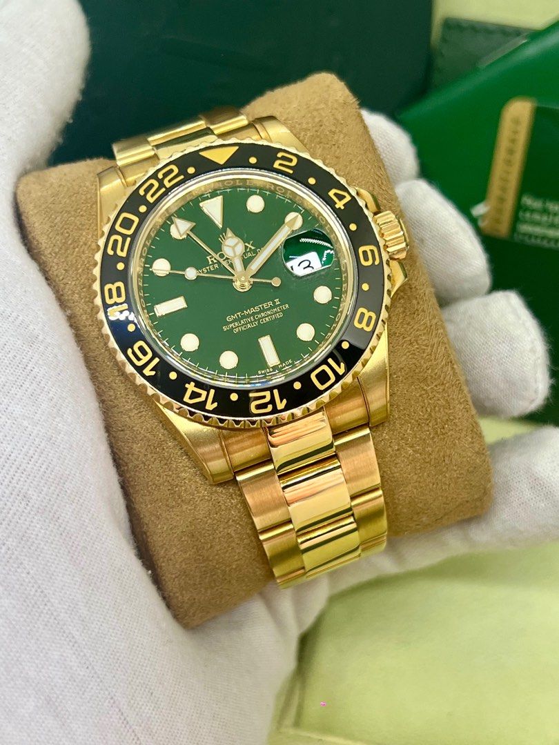 2008 Rolex GMT Master II Ceramic 18ct Solid Yellow Gold Money Green 50th Anniversary Dial 40mm Luxury Watches on Carousell
