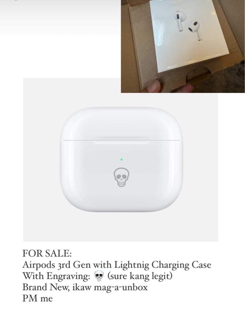 Airpods 3rd gen sealed (Category: Earphones) located in Makati City. Submitted by abbybit (Listing ID 1326057285, Image 1). Description: Last price posted. For sure buyers only. .