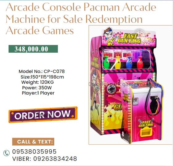 Arcade Console Pacman Arcade Machine for Sale Redemption Arcade Games (Category: Controllers) located in Caloocan City. Submitted by gracemonle62168 (Listing ID 1326022571, Image 1). Description: Model No.: CP-C078 Size:150*115*198cm Weight: 120KG Power: 350W Player:1 Player weight: 120 CBM: 1.50 .