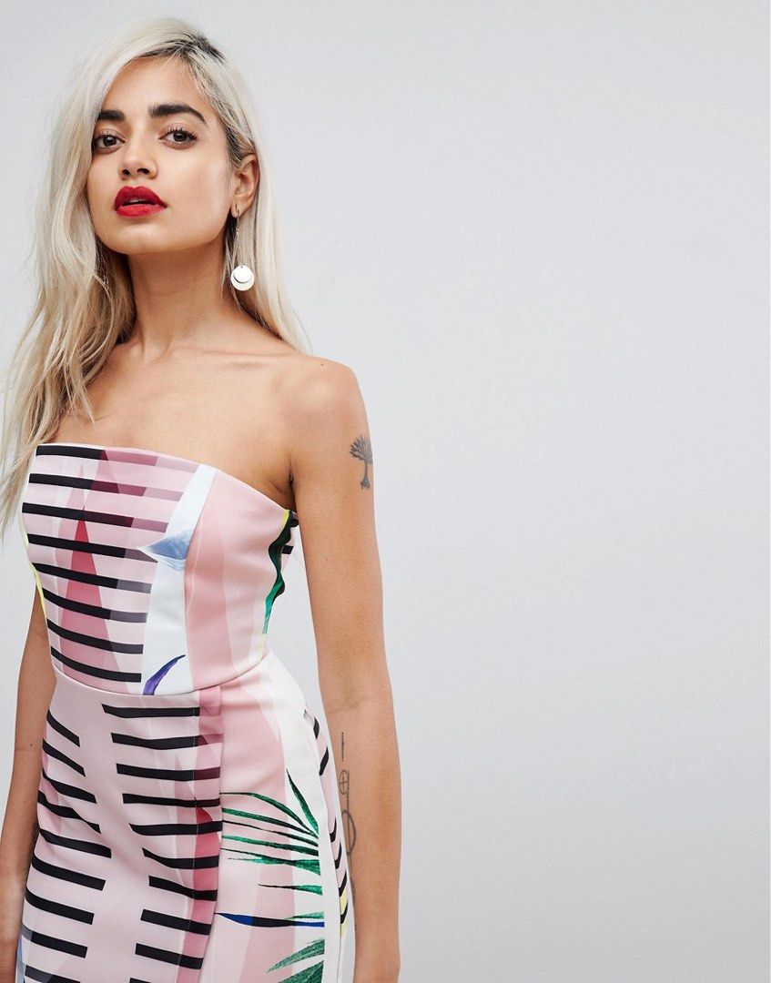 asos petite pink dress ASOS Exclusive Bardot Strappy Bengaline Skater Dress in Pink