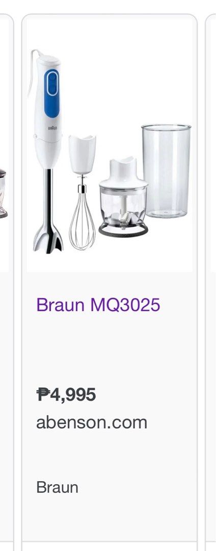 Braun Hand Blender (Category: Juicers, Blenders & Grinders) located in Pasig City. Submitted by garagesellerzz (Listing ID 1326107526, Image 2). Description: Original Price almost 5k. No bowl compartment, only what’s in the picture. Perfectly good condition. 9/10..