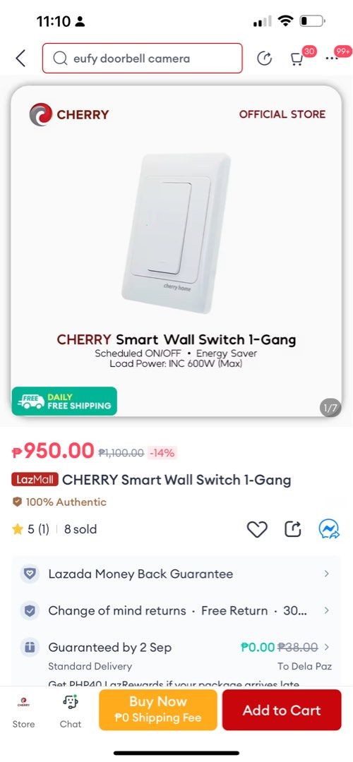 Cherry Smart Wall Switch 1-gang (Category: Electrical, Adaptors & Sockets) located in Marikina City. Submitted by declutterwithe (Listing ID 1326112075, Image 2). Description: - New (unused) - Sealed box - 100% excellent condition - Authentic Cherry product RFS: Got this from raffle, selling low .
