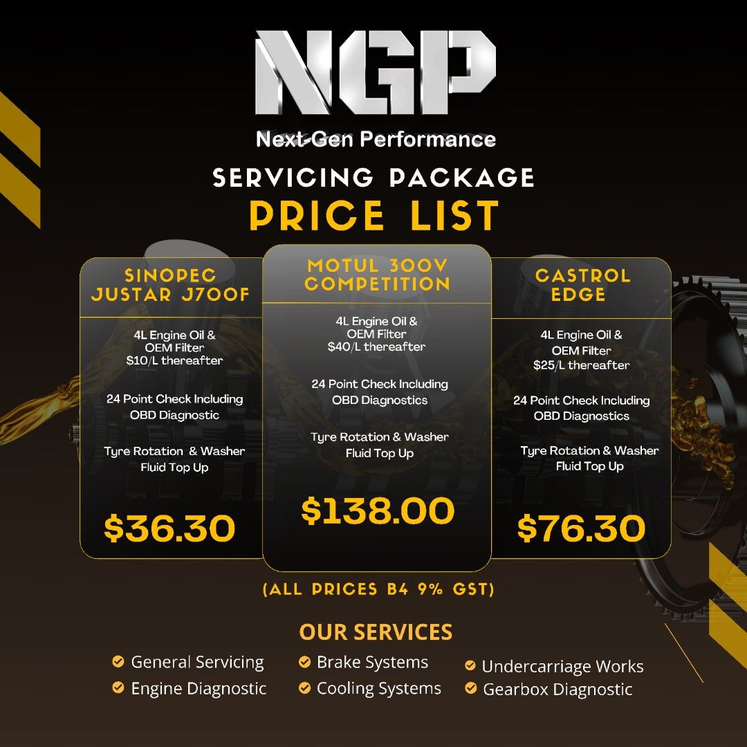 Engine Oil Servicing Promotion , CASTROL , MOTUL, SINOPEC , BMW , MERCS , AUDI , VOLKSWAGEN, TOYOTA , HONDA , MITSUBISHI , NISSAN , BREMBO , AP-RACING (Category: Car Workshops & Services) located in Singapore. Submitted by next-genperformance (Listing ID 1325982847, Image 2). Description: 🚗🔧 𝗘𝗻𝗴𝗶𝗻𝗲 𝗢𝗶𝗹 𝗦𝗲𝗿𝘃𝗶𝗰𝗶𝗻𝗴 𝗣𝗮𝗰𝗸𝗮𝗴𝗲𝘀 𝗡𝗼𝘄 𝗔𝘃𝗮𝗶𝗹𝗮𝗯𝗹𝗲 𝗮𝘁 𝗡𝗚𝗣! 🔧🚗 💰𝗣𝗮𝗰𝗸𝗮𝗴𝗲𝘀 𝗦𝘁𝗮𝗿𝘁𝗶𝗻𝗴 𝗮𝘁 𝗝𝘂𝘀𝘁 $𝟯𝟲