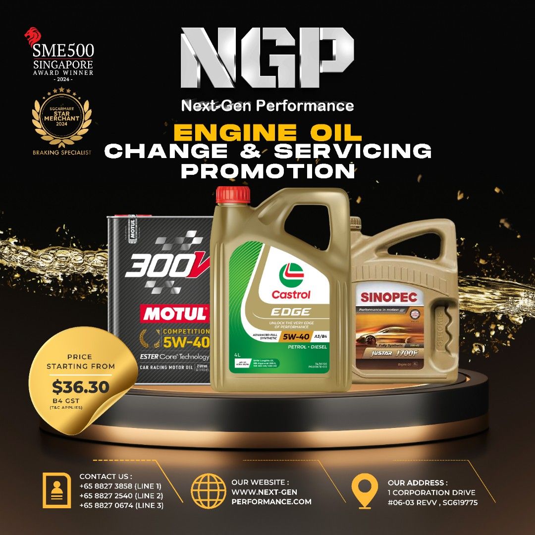 Engine Oil Servicing Promotion , CASTROL , MOTUL, SINOPEC , BMW , MERCS , AUDI , VOLKSWAGEN, TOYOTA , HONDA , MITSUBISHI , NISSAN , BREMBO , AP-RACING (Category: Car Workshops & Services) located in Singapore. Submitted by next-genperformance (Listing ID 1325982847, Image 1). Description: 🚗🔧 𝗘𝗻𝗴𝗶𝗻𝗲 𝗢𝗶𝗹 𝗦𝗲𝗿𝘃𝗶𝗰𝗶𝗻𝗴 𝗣𝗮𝗰𝗸𝗮𝗴𝗲𝘀 𝗡𝗼𝘄 𝗔𝘃𝗮𝗶𝗹𝗮𝗯𝗹𝗲 𝗮𝘁 𝗡𝗚𝗣! 🔧🚗 💰𝗣𝗮𝗰𝗸𝗮𝗴𝗲𝘀 𝗦𝘁𝗮𝗿𝘁𝗶𝗻𝗴 𝗮𝘁 𝗝𝘂𝘀𝘁 $𝟯𝟲