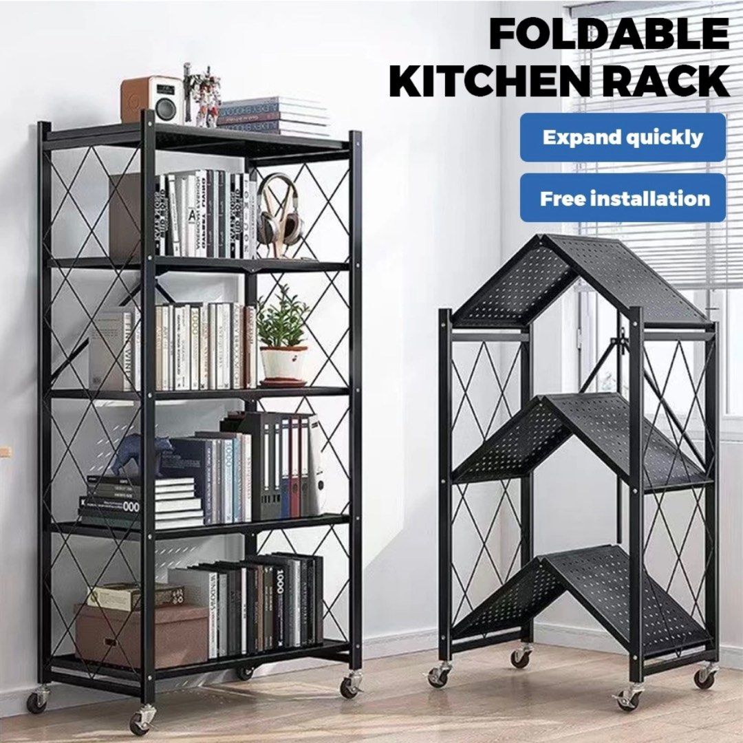 Folding Metal Shelf Rack Heavy Duty Kitchen Rack With Wheels Multilayered Storage Shelf Movable Shelf Spice Rack Condiment Rack Warehouse