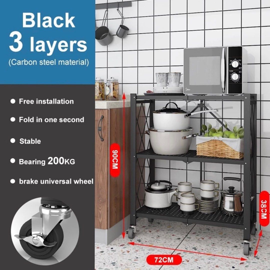 Folding Metal Shelf Rack Heavy Duty Kitchen Rack With Wheels Multilayered Storage Shelf Movable Shelf Spice Rack Condiment Rack Warehouse