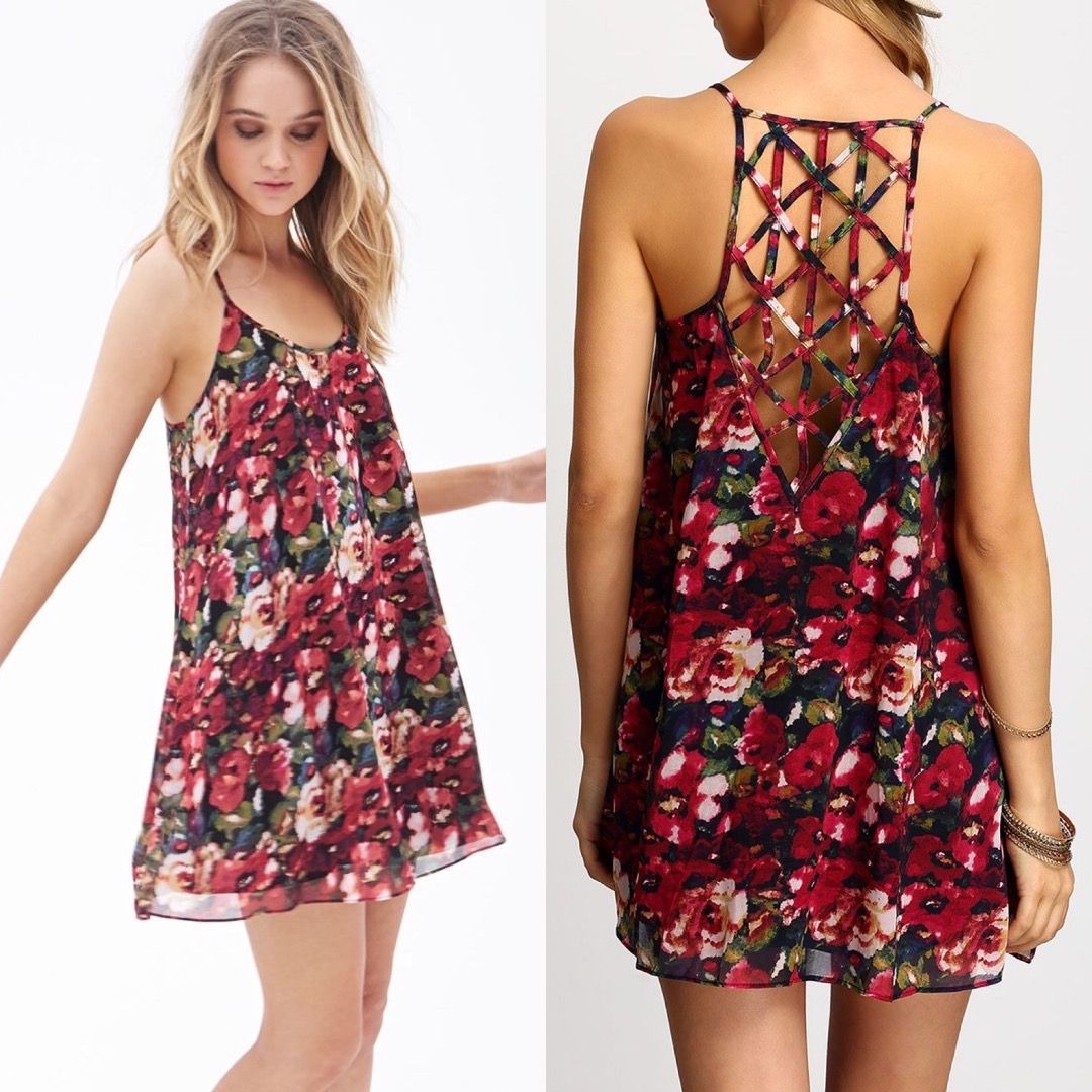 Forever 21 open back lattice strappy back cami camisole floral roses chiffon dress size S