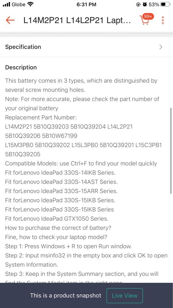 LENOVO Battery (Category: Batteries & Power Banks) located in Taytay. Submitted by day_2023 (Listing ID 1326071511, Image 3). Description: Description and Details. See picture above RFS: Mali ang nabili.