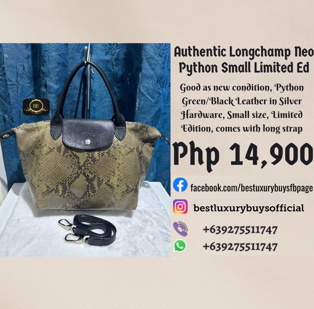 New Authentic Longchamp Neo Python Small Limited Edition Two way Bag (Category: Luxury Bags & Wallets) located in Pasig City. Submitted by bestluxurybuys (Listing ID 1326075829, Image 1). Description: New condition Authentic Longchamp Neo Python Small Limited Edition Two way Bag Dm or Vber O92755II747.
