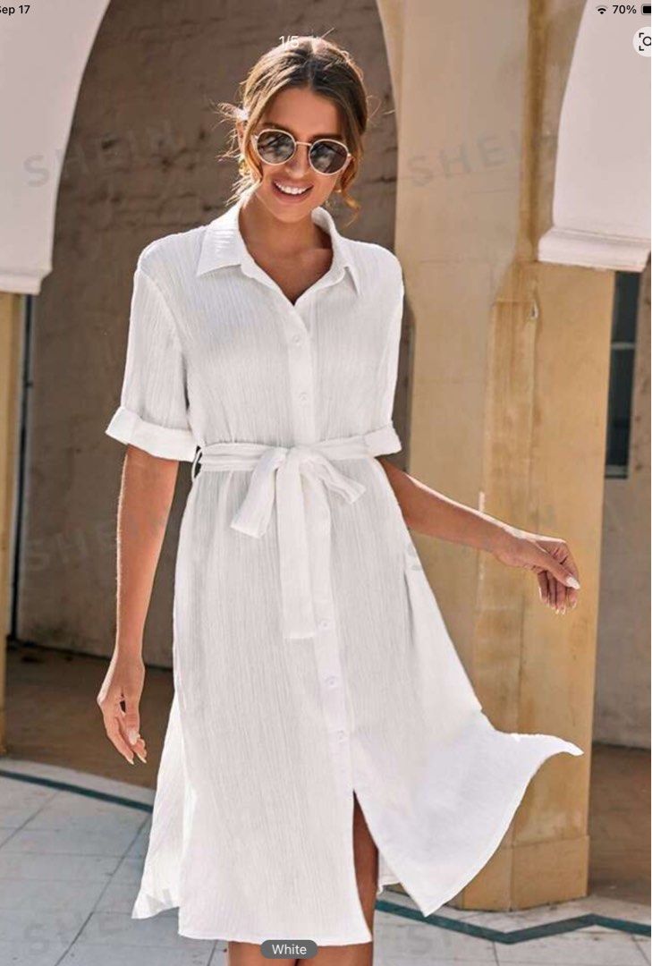 shein shirt dress SHEIN LUNE Solid Button Front Belted Shirt Dress
