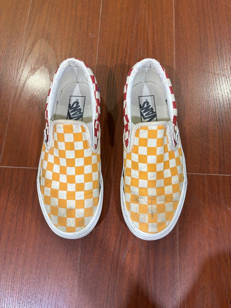 Red yellow and blue slip on vans hot sale