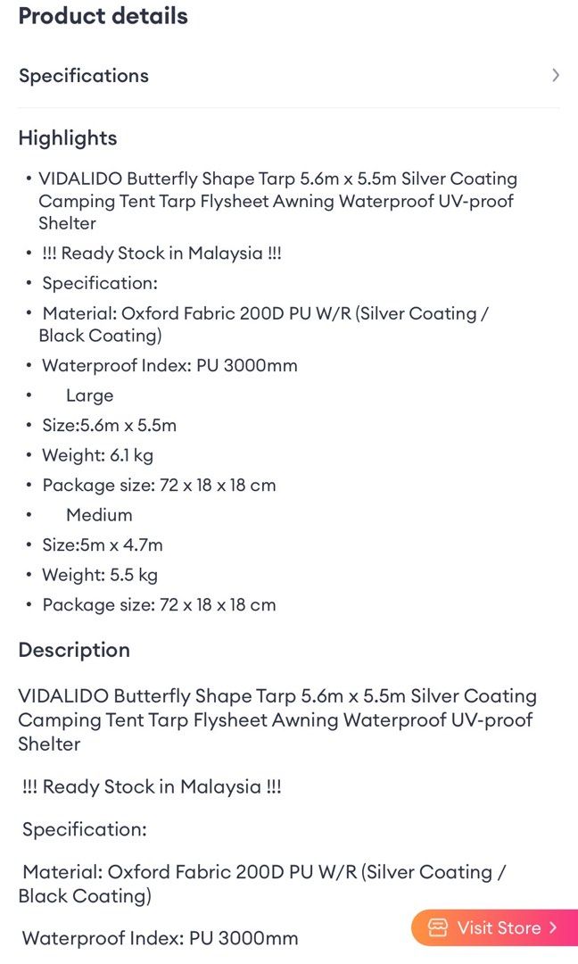 Vidalido Flysheet Black L size, Sports Equipment, Hiking & Camping on