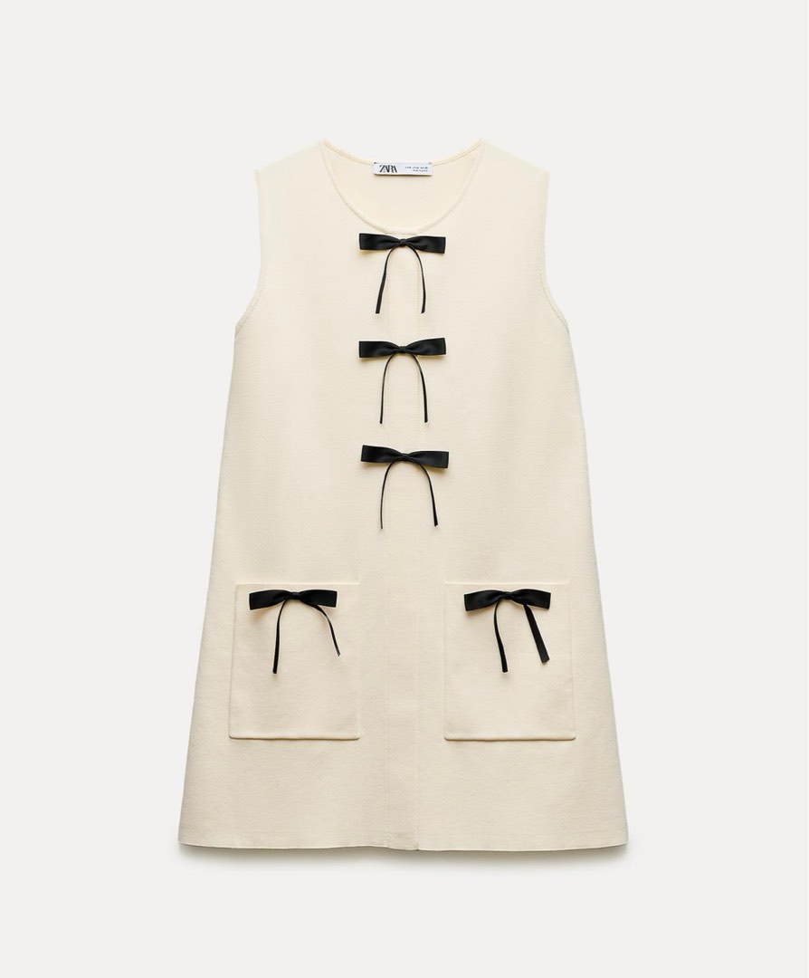 zara white dress with black bows ZARA White Knit Dress Black Bows Coquette