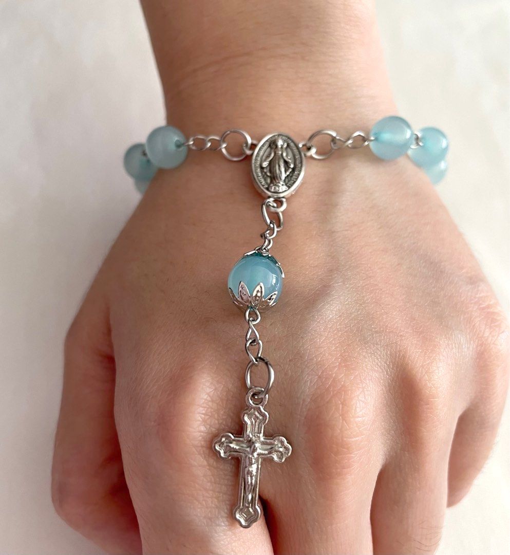 Aquamarine Crystal Stone Catholic Rosary Bracelet