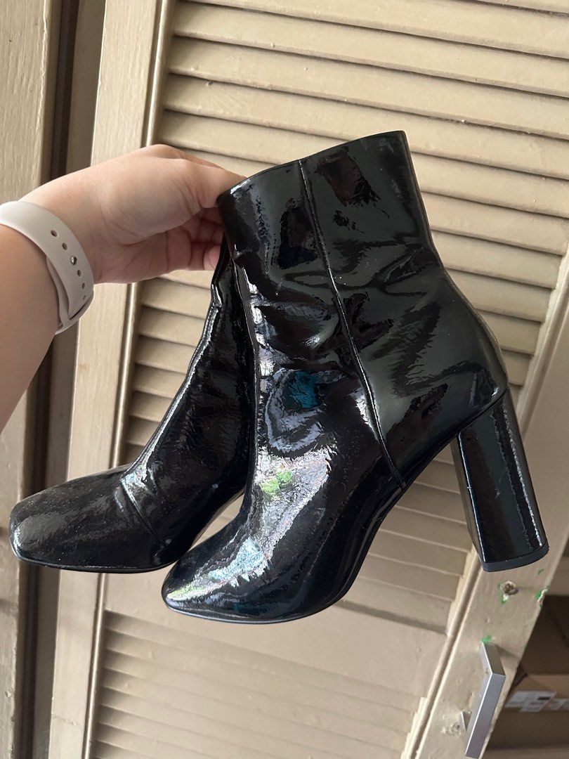 Black Patent Boots (Category: Boots) located in Cabuyao City. Submitted by honaluli (Listing ID 1326199068, Image 2). Description: Used Once - Almost New Condition Size 38.5-EUR Size 8-US Call It Spring No box included RFS - storage Shipping c/o buyer via JT&T or Lalamove, Grab.