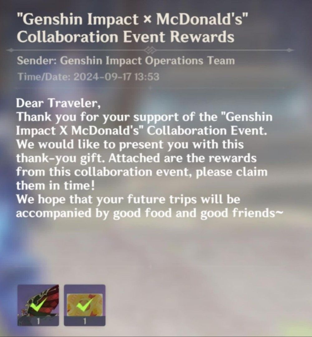 LIMITED GENSHIN IMPACT X MCDONALD'S US EXCLUSIVE GLIDER AND NAMECARD