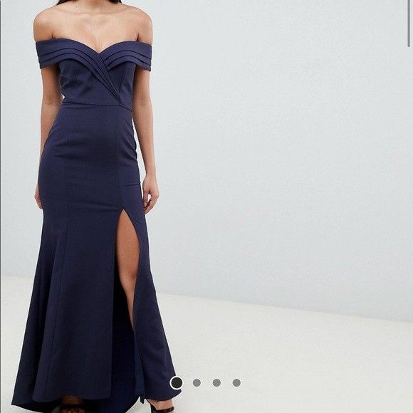 Jarlo Pleated Off Shoulder Bardot Maxi Dress in Navy