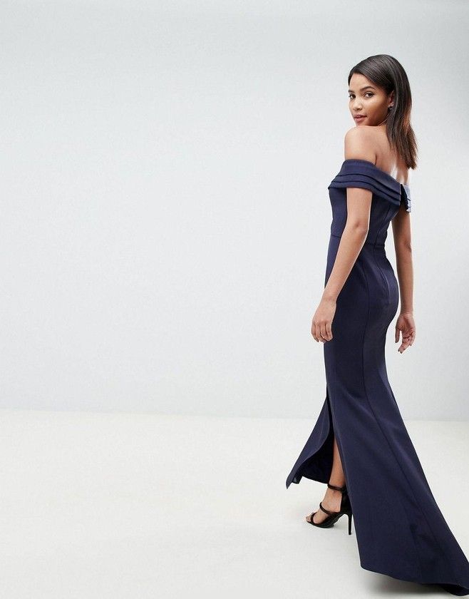 Jarlo Pleated Off Shoulder Bardot Maxi Dress in Navy