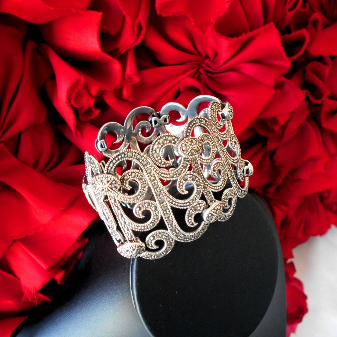 Marcasite 925 Silver Wedding Party Cocktail Bangle Cuff Bracelet Authentic