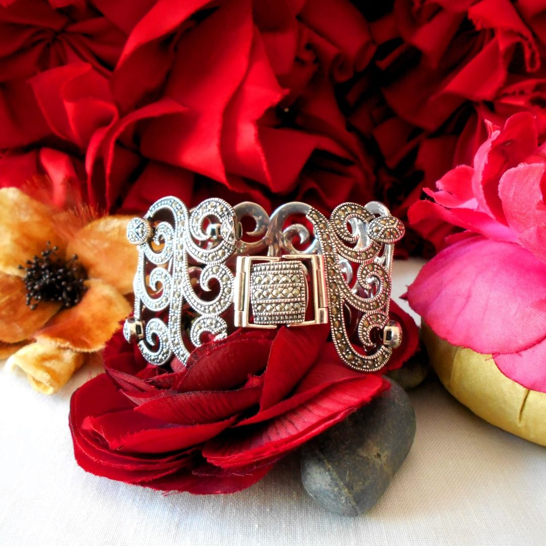 Marcasite 925 Silver Wedding Party Cocktail Bangle Cuff Bracelet Authentic